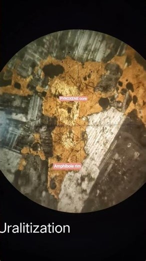 Uralitization - Pyroxene into Amphibole alteration (secondary texture)