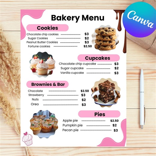 Editable Bakery Menu Template Canva, Bakery Menu Board Printable, Pastry Shop Menu, Cake Menu Design, Food Menu Template 8.5x11 - Etsy