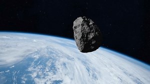 An asteroid falls to Earth. The asteroid falls to Earth. Asteroid on a collision course with Planet Earth. 4k video. Elements of this video furnished by NASA.