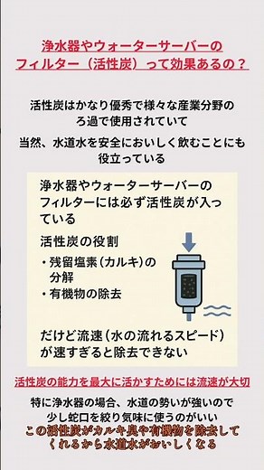 浄水器やウォーターサーバーに欠かせない「活性炭フィルター」活性炭の役割・残留塩素（カルキ臭）の分解・有機物の除去ただし水の流れが速すぎると十分に除去できない。#浄水器 #ウォーターサーバー #活性炭