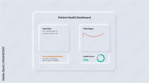 Modern digital patient health dashboard interface, offering intuitive visualization of vital signs, medical appointments, and wellness scores for efficient healthcare data management