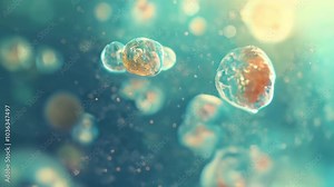 Floating transparent cells exhibit intricate structures and vibrant colors against a luminous backdrop in a captivating microscopic rendering
