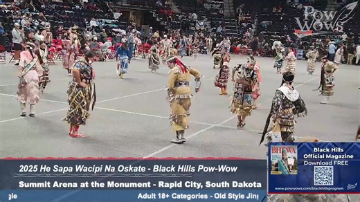 Women's Old Style Jingle 2025 Black Hills Pow Wow Rapid City, SD The Jingle Dress Dance is one of the most popular powwow dance styles, instantly recognizable by the distinctive sound of metal cones, or ziibaaska’iganan, attached to the dancer’s dress. Originating in the early 1900s with the Mille Lacs Band of the Ojibwe, the dance began as a healing ceremony inspired by a vision and gained wider prominence during the 1920s, particularly amid hardship such as the 1918 flu pandemic and restrictio