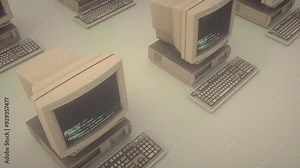 Retro personal computer or PC with keyboard in dynamic motion. Abstract 3D Render pattern. Source code on screens, displays. Vintage 80s, 90s retro style 4K seamless loop animation