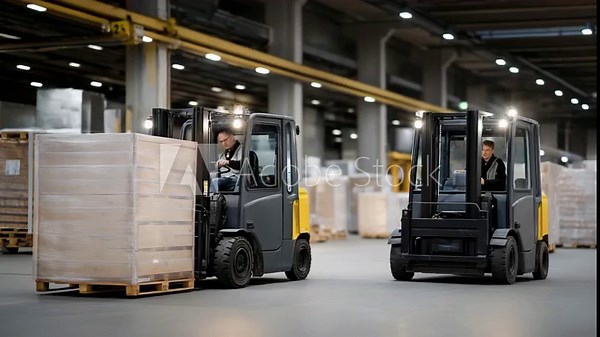 Logistics units unloading cargo from transport trucks at a distribution hub, forklifts weaving between pallets under overhead warehouse lighting — supply chain workflow, freight movement, and