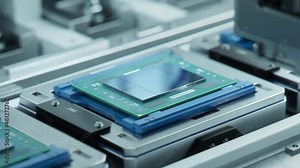 Shot of Computer Processor on Production Line is being Tested at Semiconductor Factory. Microchip Production Process.