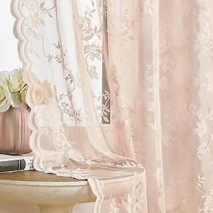 Peach Lace Curtains 72 Inch Length 2 Panels Blush Pink Floral Sheer Curtains for Living Room Bedroom Rod Pocket Light Filtering Drapes Victorian Window Curtains Decor, 52x72