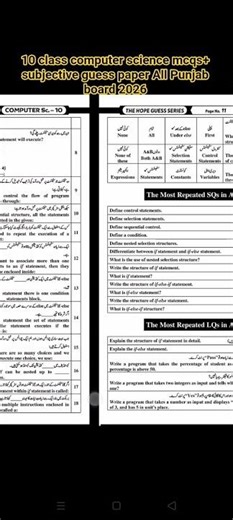 10 class computer science mcqs paper+ subjective guess All Punjab board 2026