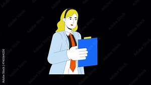 Serious female secretary office worker line 2D character animation. Corporate assistant flat color cartoon 4K video, alpha channel. Blonde woman employee holding tablet animated person on transparent