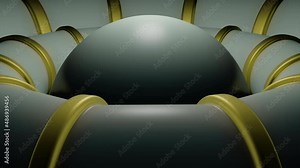 A gray ball in the center in 3d format around which large gray walls , as if they were made , are spinning . Design. A ball around which large oval geometric shapes with yellow and purple lining are