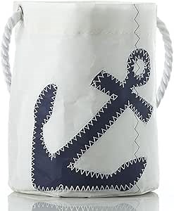 Sea Bags Recycled Sail Cloth Navy Anchor Bucket Bag Reusable Utility Bag, Sail Cloth Organizer Bucket Rope Handle. Made in the USA.