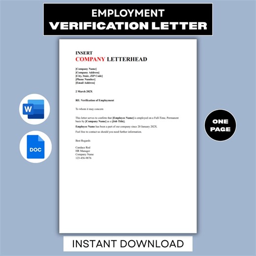 Editable Employment Verification Letter, Word & Google Docs Human Resources Form, Job Verification Letter, Instant Download - Etsy