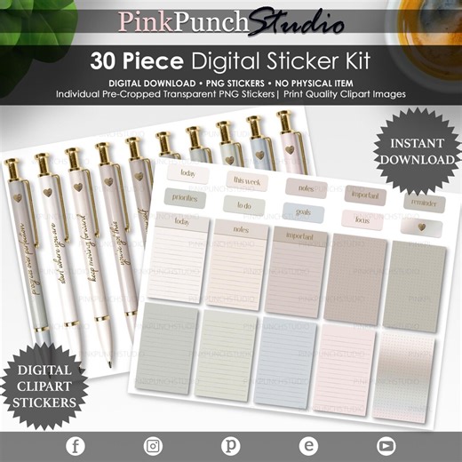 Soft Reset Quote Pens & Notepad Stickers | 30 Digital Planner Stickers | Neutral Minimal PNG Stickers - Etsy