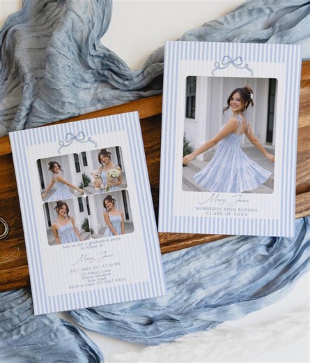 Blue Stripe Graduation Party Invitation, Announcement, Bow, Canva Template - Etsy