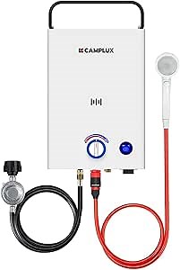 CAMPLUX First F10 Tankless Water Heater with 3-Level Adjustable & Foldable Handle, 2.64GPM, Screw-Free Design, 68,000 BTU Outdoor Portable Propane Water Heater for Camping, LED Digital Display, White - Amazon.com