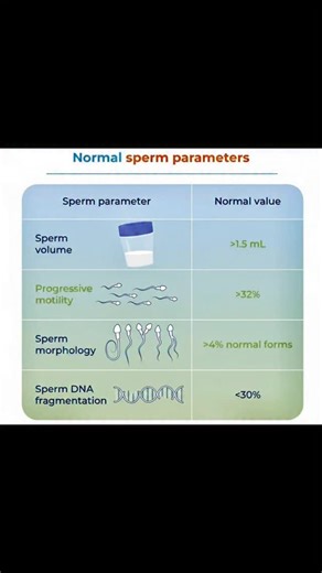 Nursing & Medical Profession 🔵 on Instagram: "🔬 Understanding Sperm Health: Key Parameters for Fertility When it comes to conception, sperm health plays a crucial role. Here’s a quick reference to some standard clinical parameters often used in fertility evaluations: · Sperm Volume: >1.5 mL · Progressive Motility: >32% (sperm moving forward effectively) · Morphology: >4% normal forms (properly shaped sperm) · Sperm DNA Fragmentation: