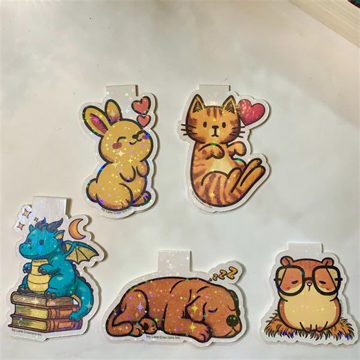 Cute Animal Magnetic Bookmarks Set | Laminated Bookmarks With Holographic Stars | Dog Cat Hamster Dragon Bunny | Book Lover Gift - Etsy