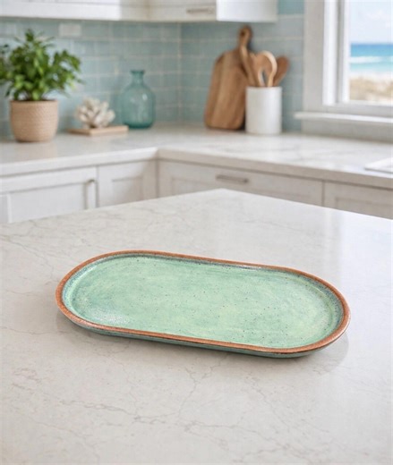 Handmade Beachy Turquoise Oval Ceramic Tray Platter Raw Clay Edge - Etsy