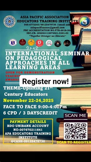 🌟 Transform Your Teaching Skills! Join the **International Seminar on Pedagogical Approaches in All Learning Areas**! 📚✨ 🔥 Unlock innovative teaching techniques that inspire and engage students across every discipline! 🗓️ **Date:** November 22-24, 2025 📍 **Venue:** NEAP, Baguio ⏰ **Duration:** 24 Hours of Dynamic, Hands-On Learning 🎓 Earn **CPD Units** to accelerate your professional growth! 🎥 **Exclusive Opportunity:** Participate in live Demo Teaching Sessions! 👉 -REGISTER NOW- https:/