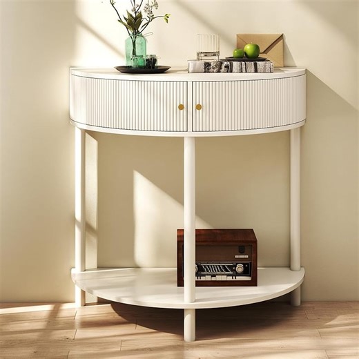 Entryway Table, Artisan-Crafted Half Moon Fluted Console Tables with 2 Rattan Storage,Small Half Circle Tables for Hallway, Narrow Round Accent Decort Table for Living Room (Dark Gray)