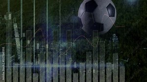 Finance bar and candle charts fluctuating over rainy field as soccer ball entering, player kicking