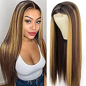 Vigorous Straight Highlights Wigs for Women Synthetic Long Highlight Lace Wigs Natural Looking Straight Wigs Middle Part