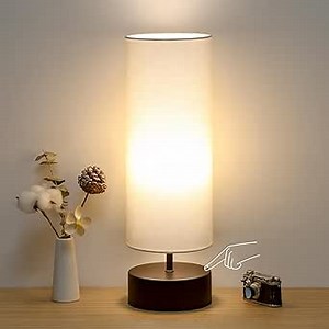 3 Way Dimmable Touch Control Table Lamp, Bedside Table Lamp with Dark Brown Base, Modern Nightstand Lamp with Beige Shade, Simple Night Light for Bedroom Living Room Home Office, 9W LED Bulb Included