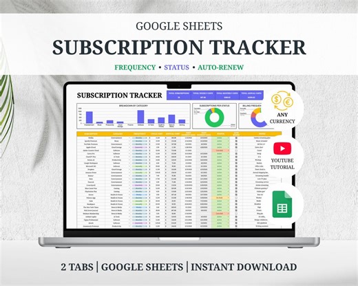 Subscription Tracker Google Sheets Template Bill Tracker Recurring Bills Manager Expense Tracker Budget Spreadsheet Digital Download - Etsy