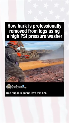 How bark is professionally removed from logs using a high PSI pressure washer