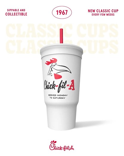 Introducing the Classic Cups Collection!� We’re celebrating 80 years of legacy with classic designs that remind us of where we began. With four nostalgic cups to collect, these special editions won’t be around for long. AND if you receive the Golden Fan Cup in your purchase, you’ve just landed free Chick-fil-A for an entire year! (Yes, you hear that right) Available in-restaurant, on the Chick-fil-A App, and via delivery… just ask a team member to help you start your collection! 🥤✨ | Chick-fil-
