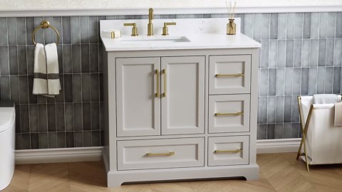 36 Inch Bathroom Vanity with Sink Combo, Solid Wood Frame with Mable Top &Backspalsh, Fully-Assembled with Soft-Closing Doors & 4 Drawers, Greige