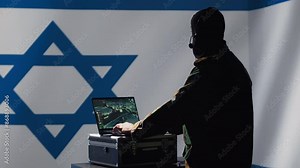 Communication systems operator working for Mossad using radio and satellite equipment, providing combat support. Israeli military dispatcher managing broadcasting networks, Israel flag, camera A