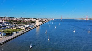 Lisbon: Aerial view of capital city of Portugal, Belem Tower (Torre de Belém, Tower of Saint Vincent) - landscape panorama of Europe from above