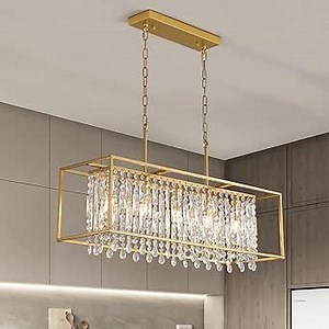 Siljoy Modern Rectangle Crystal Chandelier for Dining Room, 35.4'' Gold Rectangular K9 Crystal Raindrop Island Light Fixture, Luxury Linear Lighting for Kitchen Island Living Room L35.4 x W11 x H12