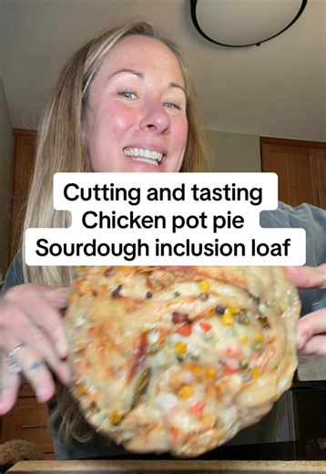 Sourdough inclusion loaf recipe — cutting and tasting chicken pot pie swirl