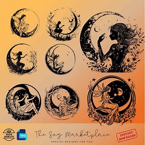Crescent Moon Fairy SVG PNG Vector Set, Mystical Prints - Etsy