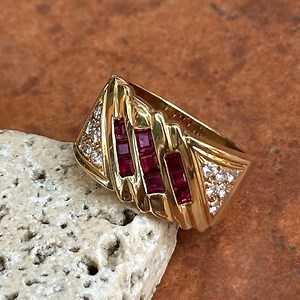 Estate 14KT Yellow Gold Princess Cut Ruby and Round Diamond Channel and Pave Set Wide Band Size 6.75 - Etsy