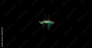 motion graphics abstract 3d particle explosion, fluid animation of colorful dots, black background, cartoon collision, storm and ripples, flowing smooth lines, simulation space. 3D rendering