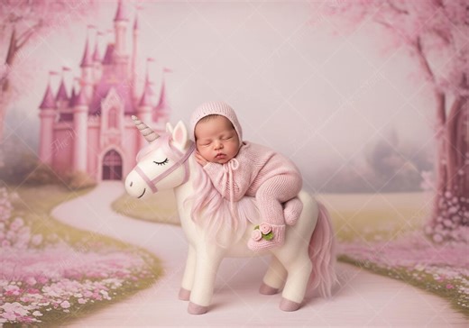 Unicorn Newborn Digital Backdrop | Pink Castle Fantasy | Baby Girl Poppet Photoshop Composite | Photography Prop - Etsy