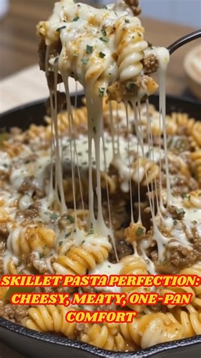 Skillet Pasta Perfection: Cheesy, Meaty, One-Pan Comfort! Ever dreamt of a meal so comforting, it practically hugs you back? 🧀 What if that meal also meant minimal cleanup and maximum flavor explosion? Dive into a delicious skillet of cheesy, meaty pasta where every forkful is a warm embrace! This one-pan wonder combines tender rotini with a rich, savory beef and tomato sauce, generously loaded with gooey, melted mozzarella. It's the ultimate weeknight hero, bringing restaurant-quality comfort 