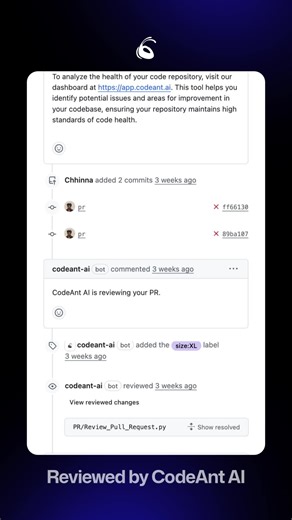 Still spending hours on manual PR reviews? With CodeAnt AI, your team gets faster, smarter reviews — powered by AI. ✅ Instant Feedback — Catch bugs and inefficiencies in seconds ⚡ One-Click Fixes — Apply AI-suggested changes instantly 🔍 Smart Summaries — Understand every PR in under 2 minutes 📈 Consistent Standards — Enforce rules across every repo All inside GitHub, GitLab, or Azure DevOps. 🚀 Start your 14-day free trial — no credit card needed. | CodeAnt AI