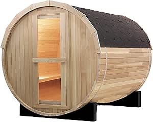 Outdoor Barrel Steam Sauna, 4-6 Person Wood Sauna Room with 220V，6kw Toule Sauna Heater with Sauna Stone, Canadian Helmock Wooden Sauna, Sauna Accessories and Asphalt Shingle Roof (Helmock)