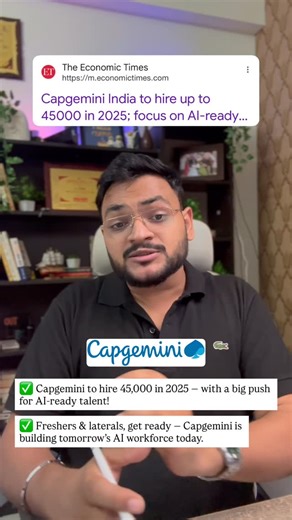 Gaurav Ghai | Career Growth on Instagram: "✨ Capgemini is hiring 45,000 in 2025! 🚀 Save this, share with friends & comment “Job” if you want the full prep roadmap. 💼🔥 - ⚠️ Disclaimer: This post is for informational purposes only. We are not affiliated with Capgemini. Always apply through official portals and verify details from the company’s career page."