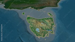 Tasmania - state of Australia with its capital zoomed on the physical map of the globe. Animation 3D