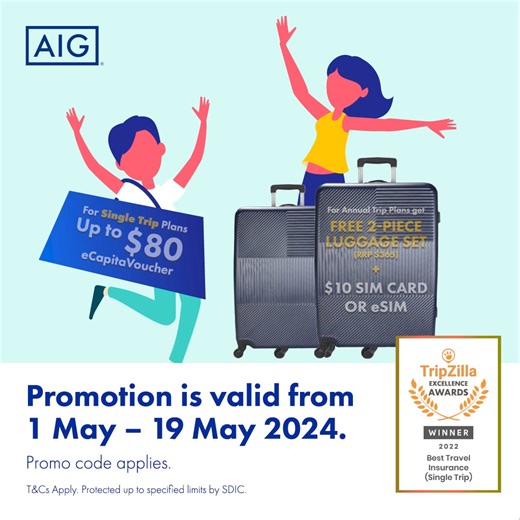 Get up to $80eCapitaVouchers with AIG’s Travel Guard® Direct single trip plan. Use promo code AIGTGD when you sign up. Promotion valid till 19 May 2024. T&Cs apply. Protected up to specified limits by SDIC. | AIG