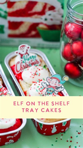Taryn Camp on Instagram: "Elf on the Shelf tray cakes 🎄 Comment RECIPE for the details. I made the box mix as-is and just used sprinkles on half of it. You don’t need to trim the cakes but if you do, they’re good scraps for cake pops. If you pipe the frosting, just try to cover the cake as much as possible so that it doesn’t dry out. Or eat if that day :) #elfontheshelf #funfetti #sprinkles"