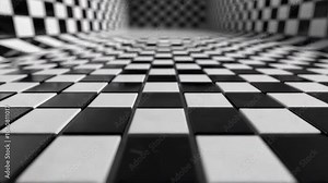 Mesmerizing perspective of checkered black and white floor tiles creates captivating sense of depth and movement, showcasing dynamic geometric pattern design.