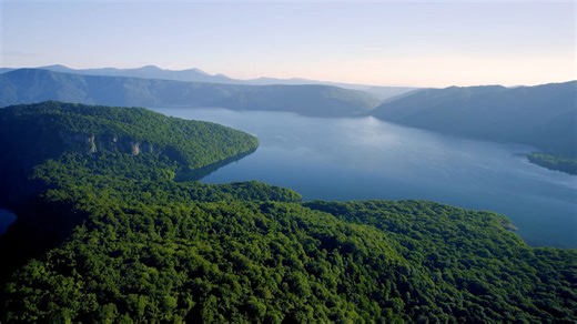 Drone views of Lake Towada, Japan's crater lake in Honshu Island