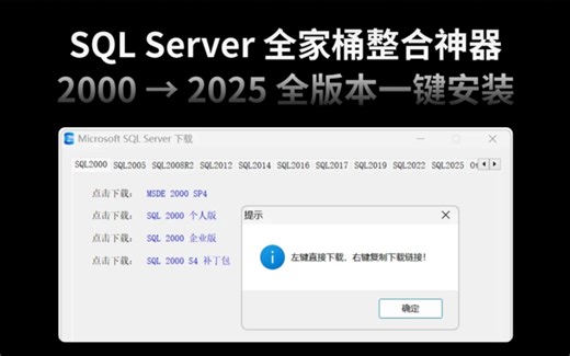 搞数据库的别错过！SQL Server 全家桶整合神器：2000 → 2025 全版本一键安装部署，Windows 本地管理分析全搞定，新手老手都省命