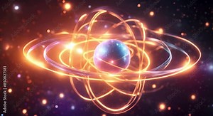 Glowing abstract atom model in cosmic setting. Vibrant atomic structure with orbiting electrons. Futuristic atom illustration with dynamic orbits